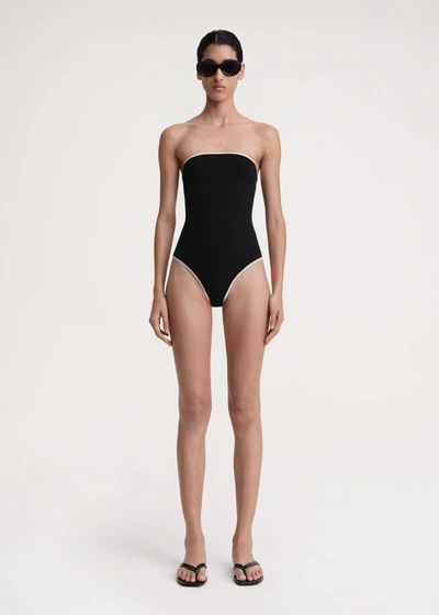 Totême Stripe Edge Strapless Swimsuit Black In Black