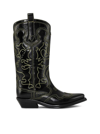 Shop Ganni Black/yellow Mid Shaft Embroidered Western Boots
