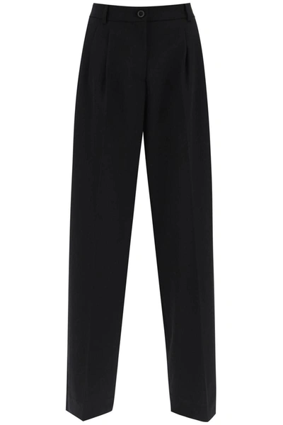 Shop Dolce & Gabbana Stretch Wool Wide Leg Trousers In Black