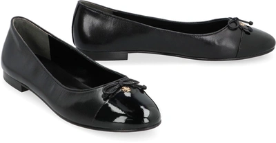 Shop Tory Burch Leather Ballet Flats With Logo In Black
