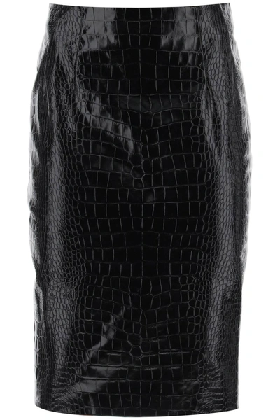Shop Versace Croco-effect Leather Pencil Skirt In Black