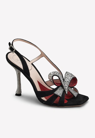 Shop Roger Vivier 100 Strass Bow-heel Sandals In Suede In Black