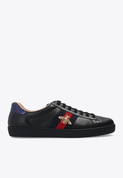 Shop Gucci Ace Embroidered Leather Sneakers In Black