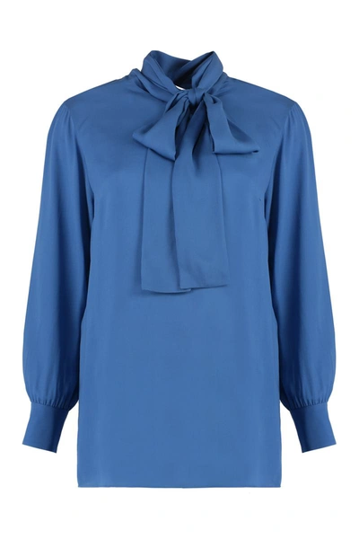 Shop Gucci Pussy-bow Collar Georgette Shirt In Blue