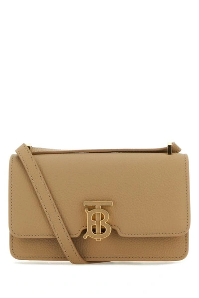 Shop Burberry Woman Beige Leather Mini Tb Crossbody Bag In Brown