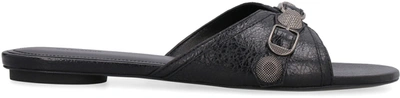 Shop Balenciaga Cagole Leather Slides In Black