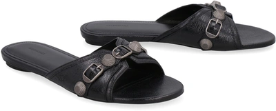 Shop Balenciaga Cagole Leather Slides In Black