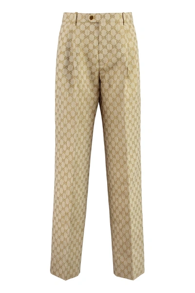 Shop Gucci Linen And Cotton Trousers In Beige