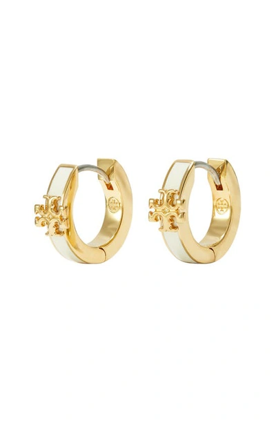 Shop Tory Burch Kira Enamel Huggie Earrings In Tory Gold / New Ivory
