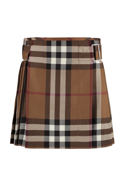 Shop Burberry Check Pattern Wool Skirt In Brown