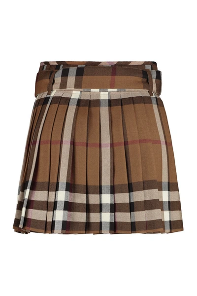 Shop Burberry Check Pattern Wool Skirt In Brown