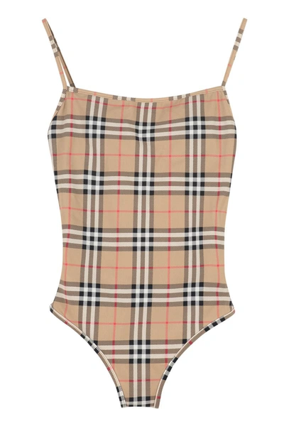 Shop Burberry Vintage Check Motif One-piece Swimsuit In Beige
