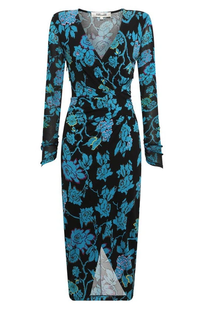 Shop Dvf Nevine Floral Long Sleeve Faux Wrap Dress In China Vine Black
