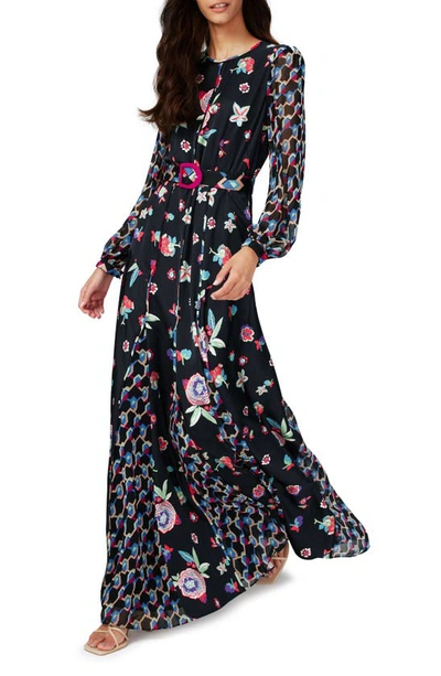 Shop Dvf Elliot Belted Long Sleeve Maxi Dress In Mystc Flower Dot/geo Illusion