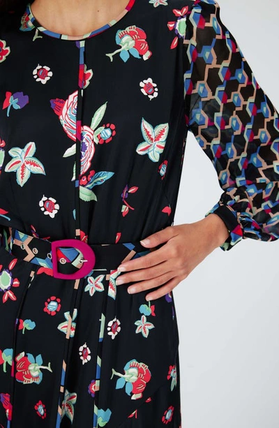 Shop Dvf Elliot Belted Long Sleeve Maxi Dress In Mystc Flower Dot/geo Illusion