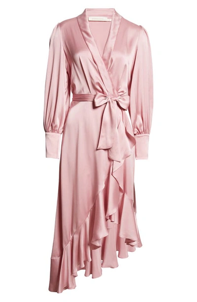 Shop Zimmermann Long Sleeve Silk Wrap Midi Dress In Pink