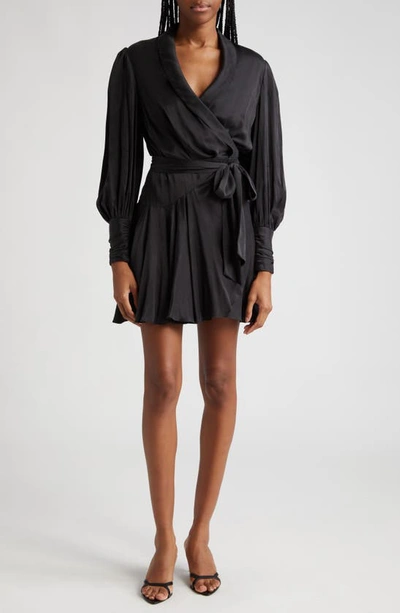 Shop Zimmermann Long Sleeve Silk Wrap Minidress In Black