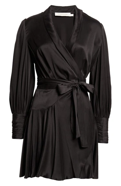 Shop Zimmermann Long Sleeve Silk Wrap Minidress In Black