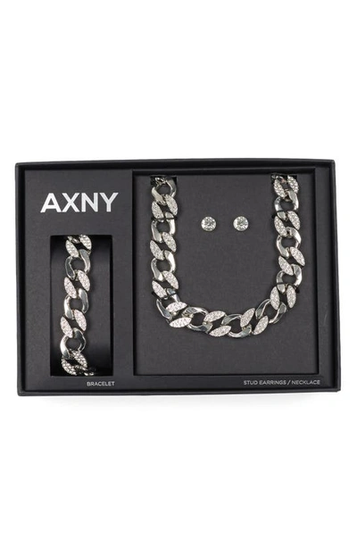 Shop American Exchange Embellished Curb Link Necklace, Bracelet And Stud Earrings Set In Silver