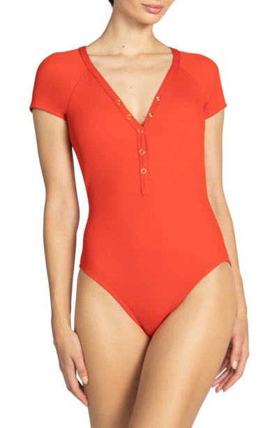 Shop Robin Piccone Amy Plunge Neck Cap Sleeve One-piece Swimsuit In Marmalade