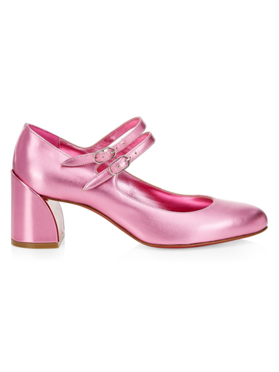 Shop Christian Louboutin Women's Miss Jane 55mm Double-strap Leather Mary Jane Shoes In Pink