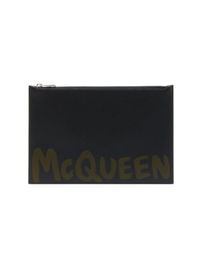 Shop Alexander Mcqueen Men's Logo Leather Zip Pouch In Black Khaki