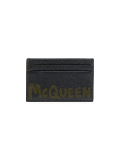 Shop Alexander Mcqueen Men's Logo Leather Card Holder In Black Khaki