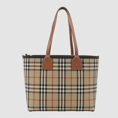 Shop Burberry Vintage Check Canvas London Tote Bag In Briar Brown/black