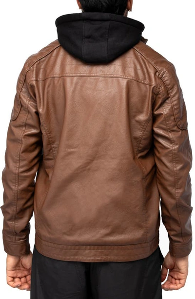 Shop X-ray Faux Leather Hooded Moto Jacket With Faux Fur Lining In Dark Amber