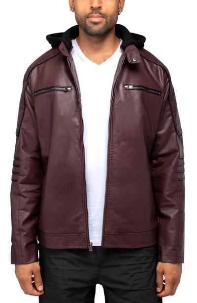 X-ray Faux Leather Hooded Moto Jacket With Faux Fur Lining In Burgundy/ Black