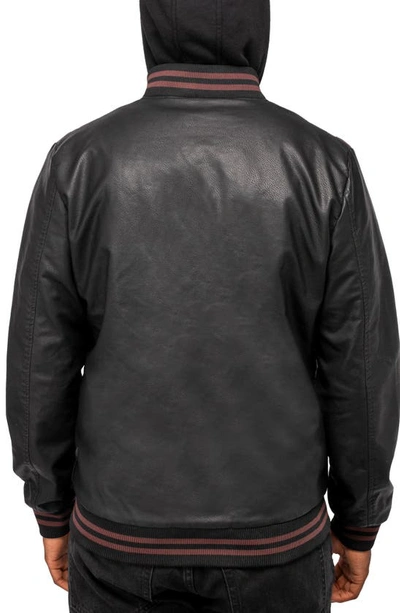 X-ray Stripe Faux Leather Hooded Moto Jacket With Faux Fur Lining In Black/ Burgundy