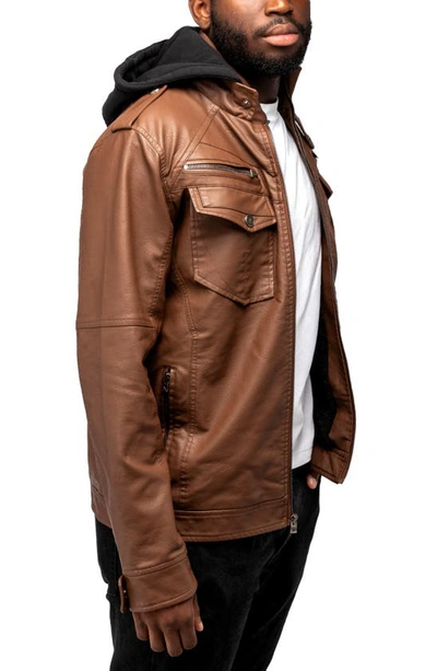 Shop X-ray Xray Faux Leather Hooded Moto Jacket With Faux Fur Lining In Dark Amber