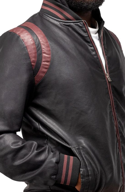 X-ray Stripe Faux Leather Hooded Moto Jacket With Faux Fur Lining In Black/ Burgundy