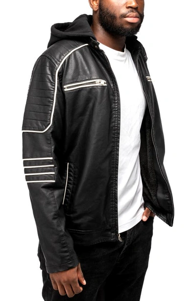 Shop X-ray Faux Leather Hooded Moto Jacket With Faux Fur Lining In Black/ White