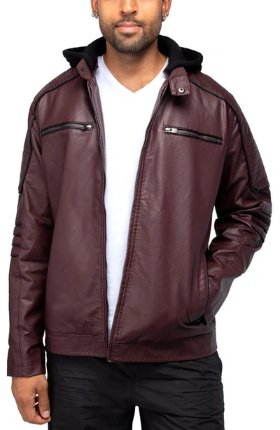 X-ray Faux Leather Hooded Moto Jacket With Faux Fur Lining In Burgundy/ Black