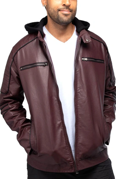 X-ray Faux Leather Hooded Moto Jacket With Faux Fur Lining In Burgundy/ Black