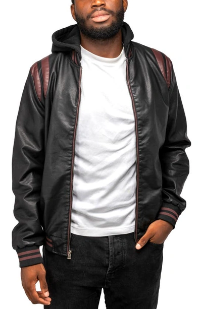 X-ray Stripe Faux Leather Hooded Moto Jacket With Faux Fur Lining In Black/ Burgundy