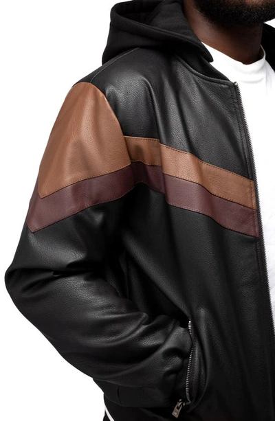 Shop X-ray Chevron Stripe Faux Leather Hooded Moto Jacket With Faux Fur Lining In Black/ Brown