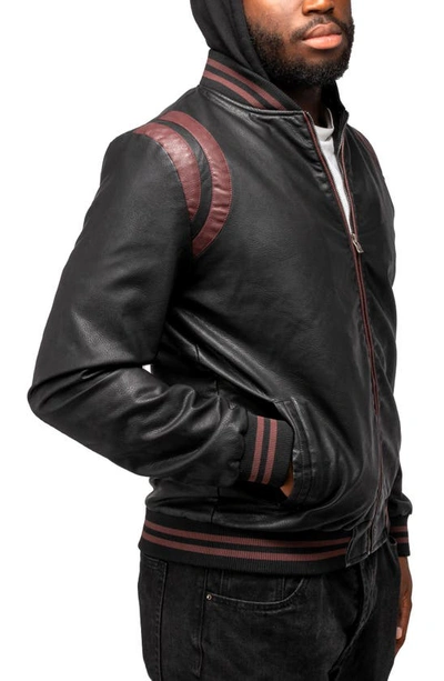X-ray Stripe Faux Leather Hooded Moto Jacket With Faux Fur Lining In Black/ Burgundy
