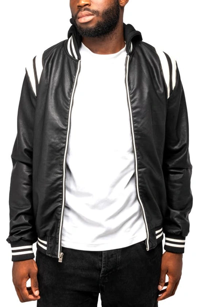 Shop X-ray Stripe Faux Leather Hooded Moto Jacket With Faux Fur Lining In Black/ White