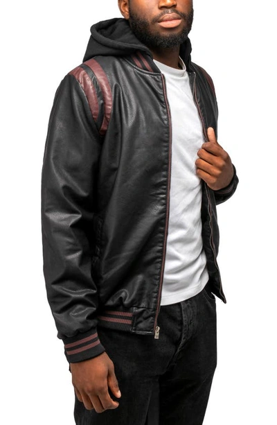X-ray Stripe Faux Leather Hooded Moto Jacket With Faux Fur Lining In Black/ Burgundy