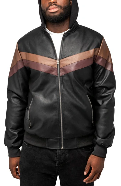 Shop X-ray Chevron Stripe Faux Leather Hooded Moto Jacket With Faux Fur Lining In Black/ Brown