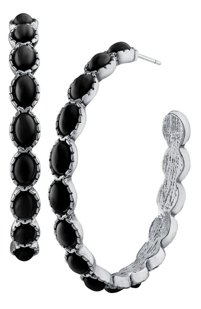 Shop Jardin Oval Resin Stone Hoop Earrings In Black/ Silver
