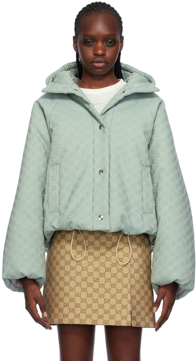Shop Gucci Blue Hooded Bomber Jacket In 4735 Frozen Ice/mix