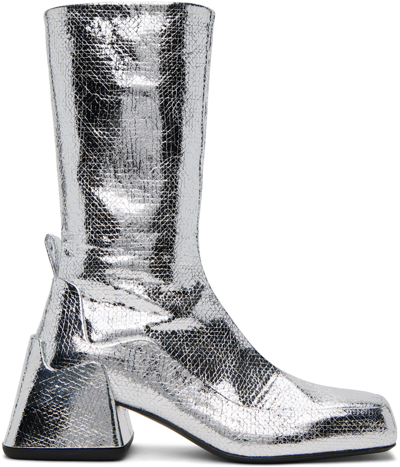 Shop Jil Sander Silver Lamé Crackle Boots In 042 Silver Moon
