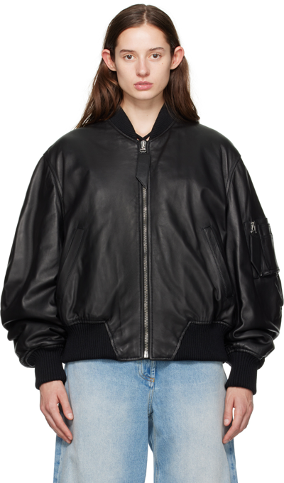 Shop Attico Black Anja Leather Bomber Jacket In 100 Black