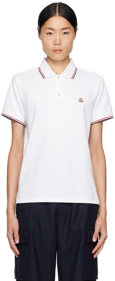 Moncler Classic White Cotton Polo With Signature Tri-color Trim In Brilliant White 001