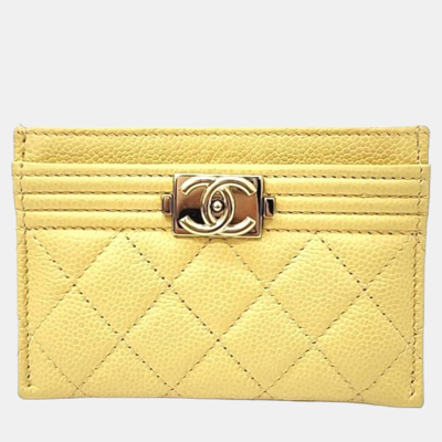 Pre-owned Chanel Yellow Caviar Boy Card Wallet
