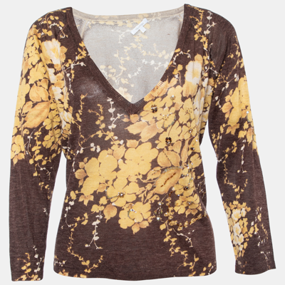 Pre-owned Max Mara Brown Floral Printed Silk & Linen Knit Embellished V-neck Top L