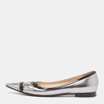 Pre-owned Prada Silver/black Patent And Leather Buckle Detail Pointed Toe Ballet Flats Size 38.5
